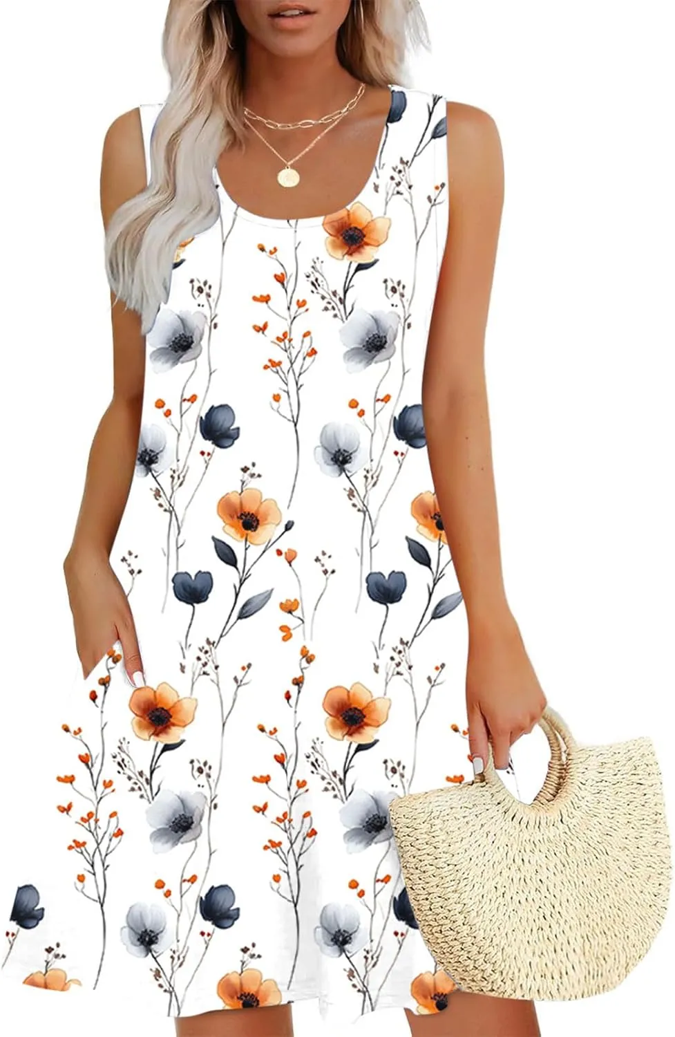 2025 Summer Dresses Womens Beach Boho Sleeveless Vintage Floral Flowy Pocket Tshirts Tanks Tunic Short Mini Sundresses