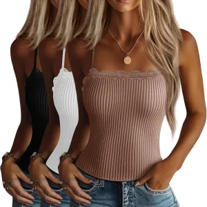 3 Pcs Women's Camisole Tank Tops Lace Trim Boat Neck Ribbed Adjustable Spaghetti Strap Y2K Slim Tight Cami Shirts