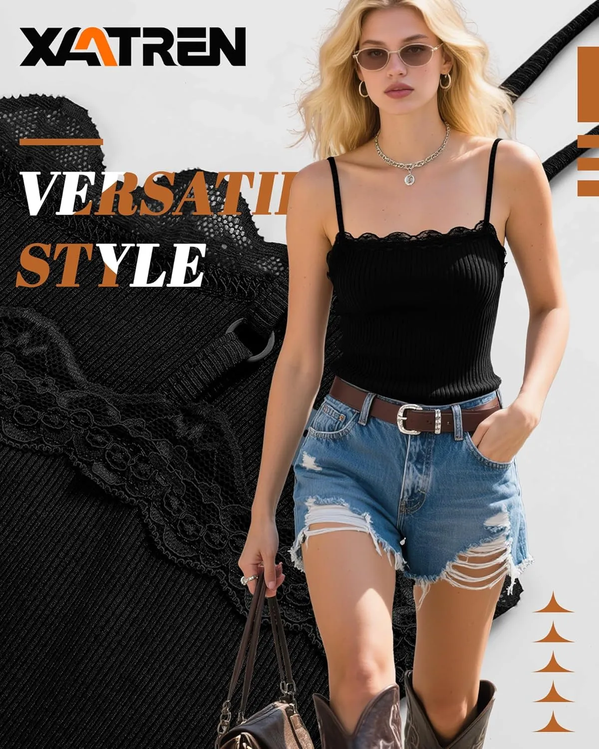 3 Pcs Women's Camisole Tank Tops Lace Trim Boat Neck Ribbed Adjustable Spaghetti Strap Y2K Slim Tight Cami Shirts