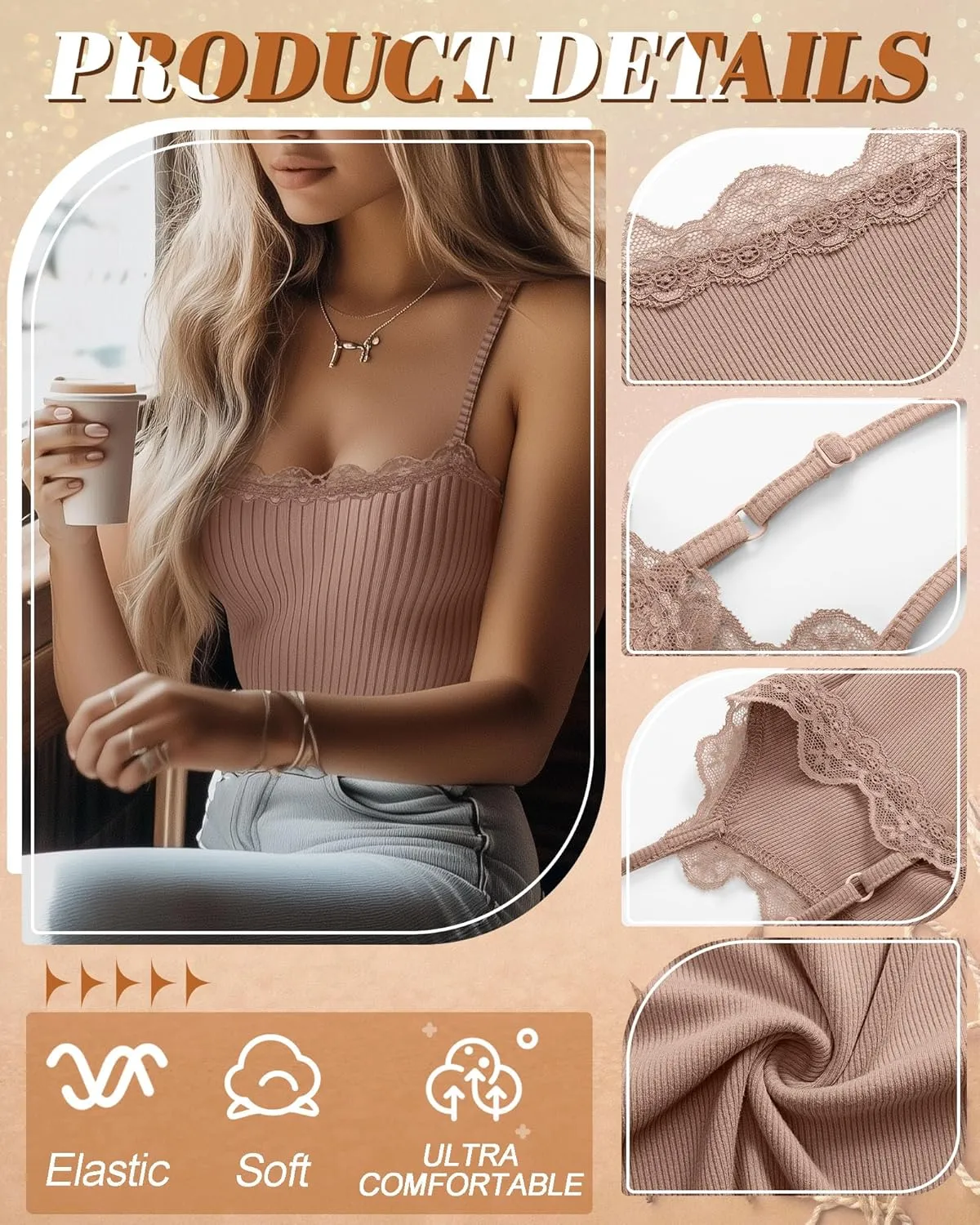 3 Pcs Women's Camisole Tank Tops Lace Trim Boat Neck Ribbed Adjustable Spaghetti Strap Y2K Slim Tight Cami Shirts