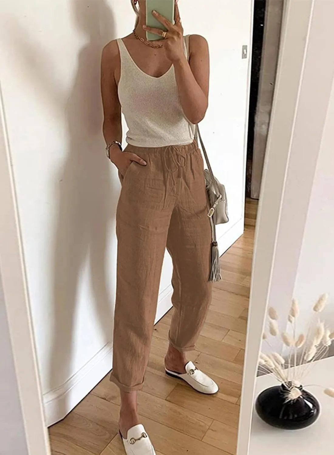 Acelitt Womens Casual Linen Pants Lightweight Drawstring Elastic Waist Spring Summer Beach Slacks Comfy Trousers