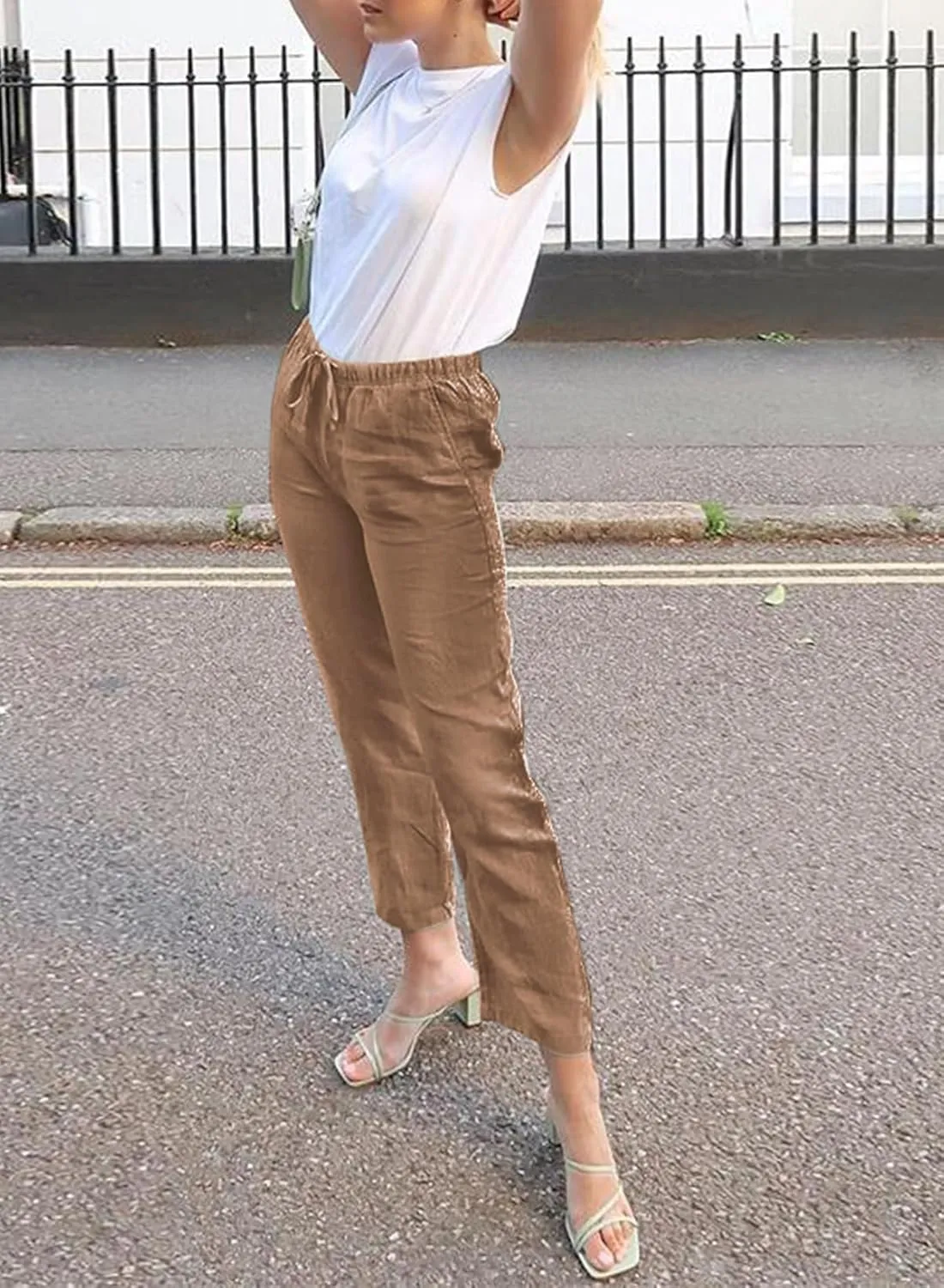 Acelitt Womens Casual Linen Pants Lightweight Drawstring Elastic Waist Spring Summer Beach Slacks Comfy Trousers
