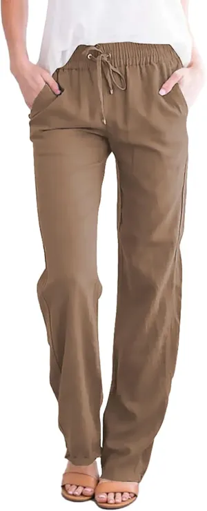 Acelitt Womens Casual Linen Pants Lightweight Drawstring Elastic Waist Spring Summer Beach Slacks Comfy Trousers