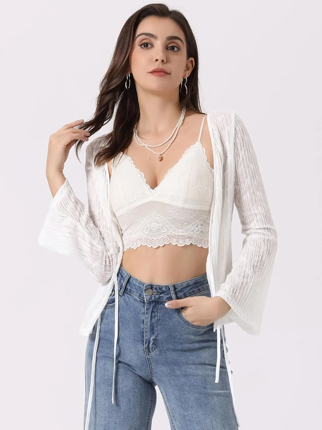 Allegra K Lace Shrug Top for Women's Tie Front Bell Long Sleeve Bolero Cardigan