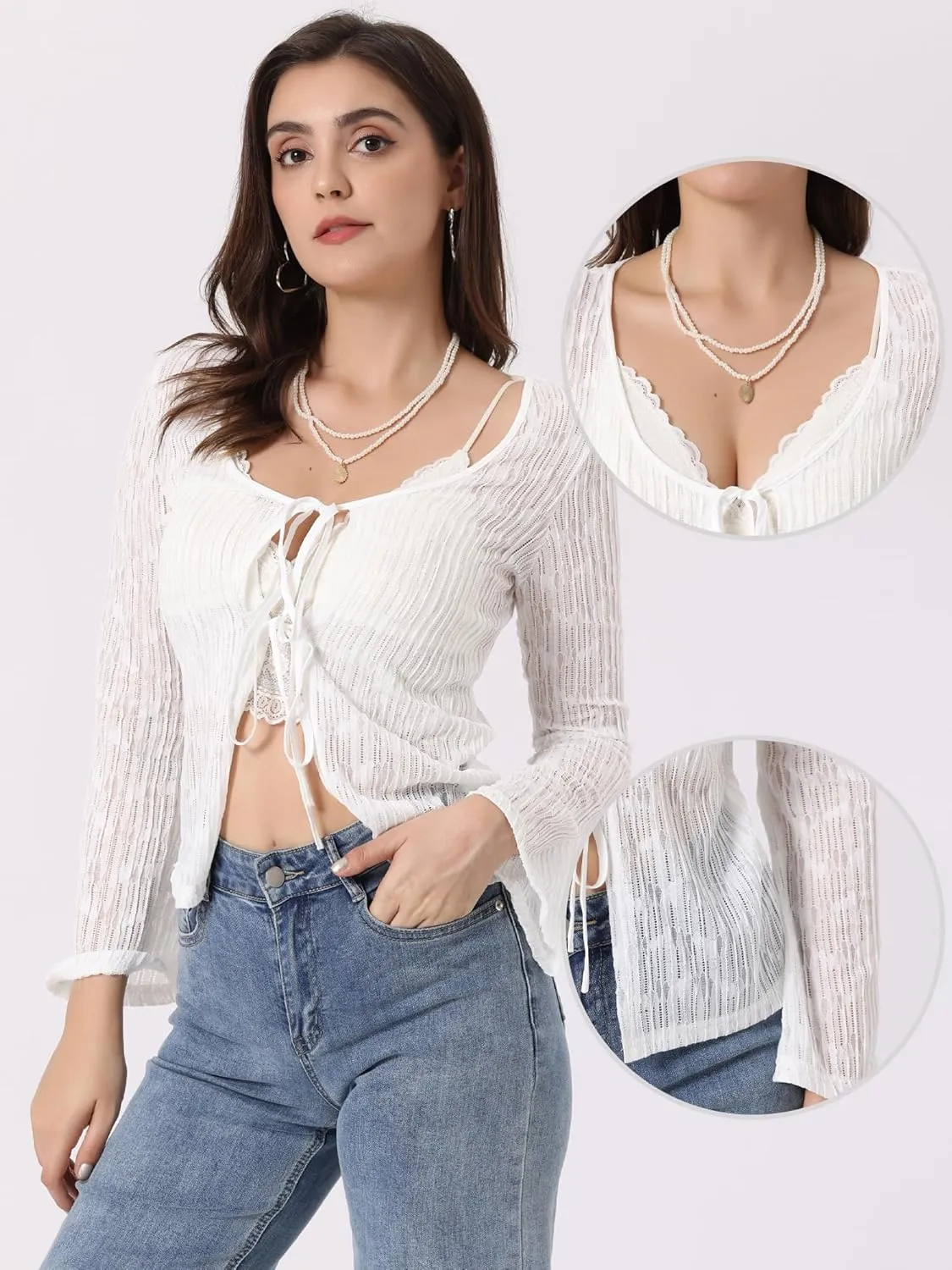Allegra K Lace Shrug Top for Women's Tie Front Bell Long Sleeve Bolero Cardigan