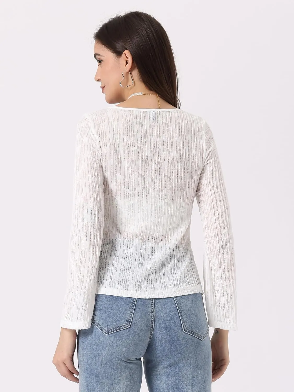 Allegra K Lace Shrug Top for Women's Tie Front Bell Long Sleeve Bolero Cardigan
