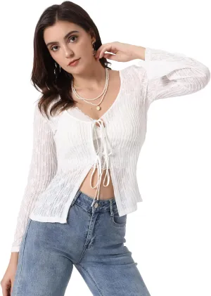 Allegra K Lace Shrug Top for Women's Tie Front Bell Long Sleeve Bolero Cardigan