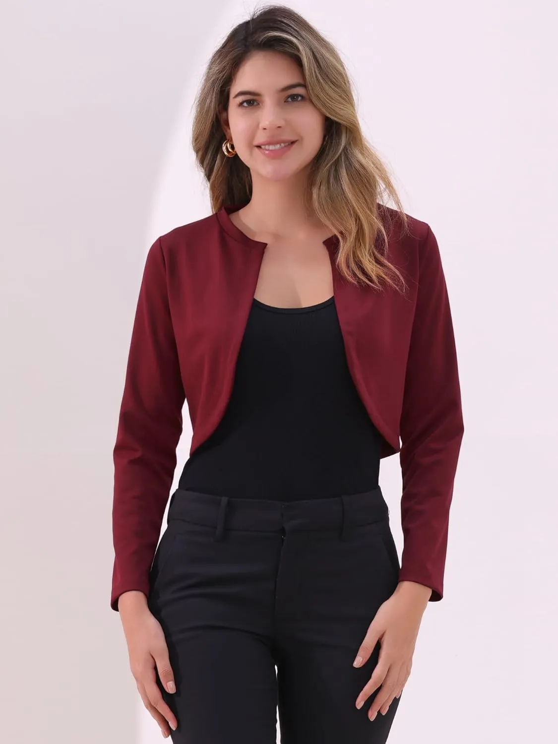 Allegra K Women's Bolero Shrug Long Sleeve Cropped Cardigan Knits Curved Hem Open Front Shrug for Dresses Work Business