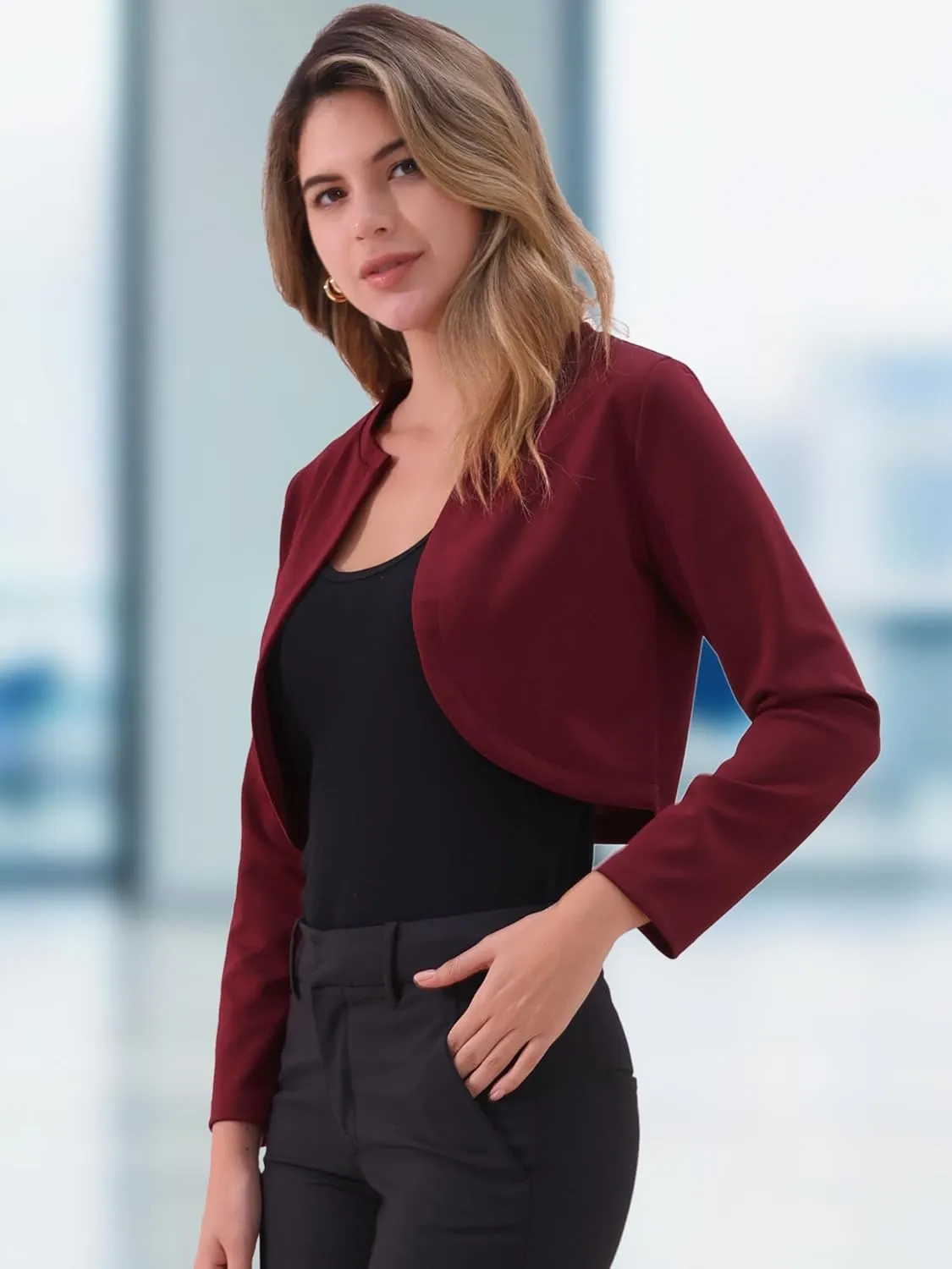 Allegra K Women's Bolero Shrug Long Sleeve Cropped Cardigan Knits Curved Hem Open Front Shrug for Dresses Work Business