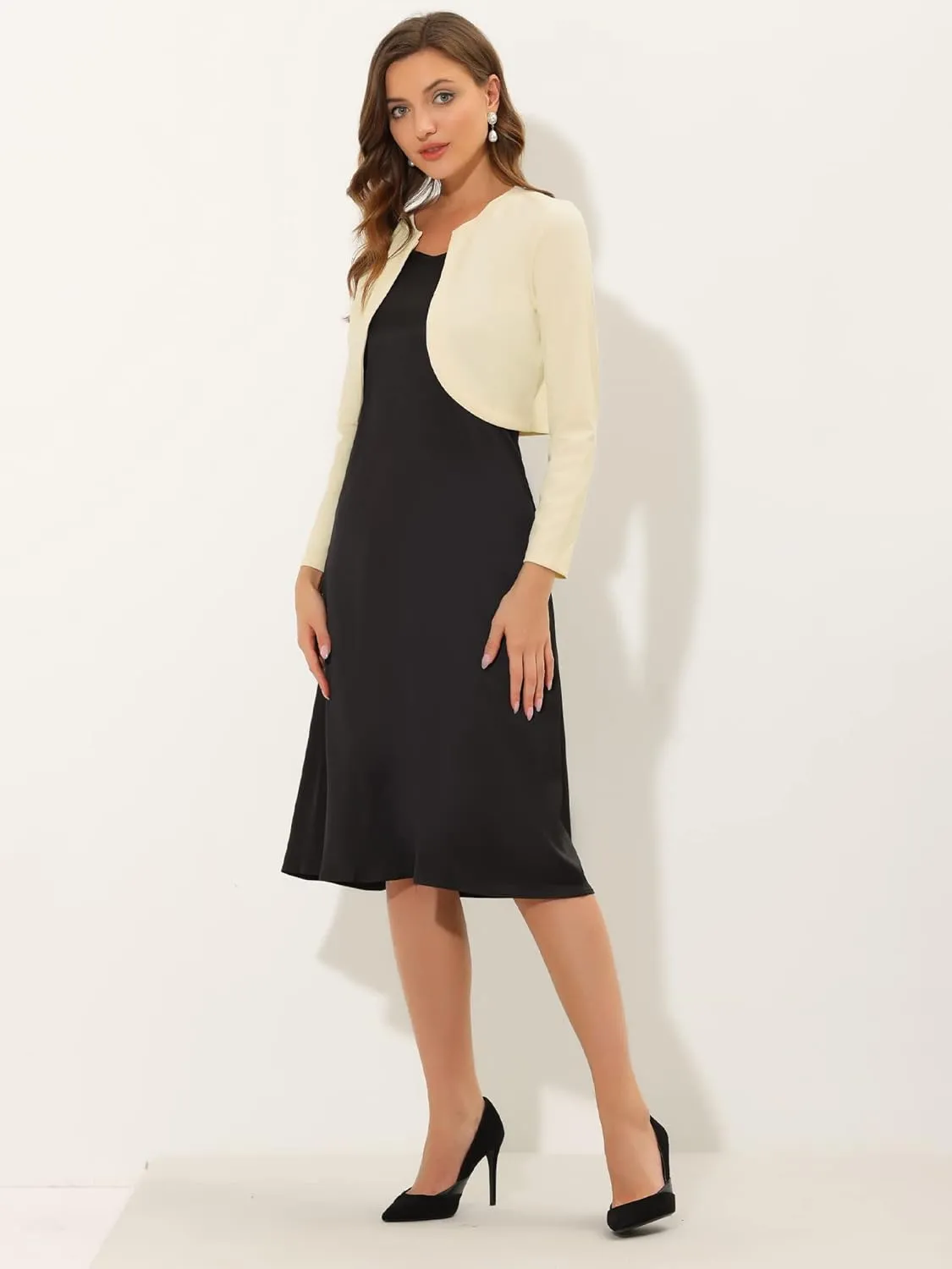 Allegra K Women's Bolero Shrug Long Sleeve Cropped Cardigan Knits Curved Hem Open Front Shrug for Dresses Work Business