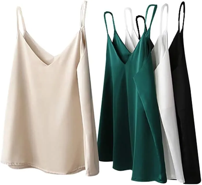 Anbenser Silk Tank Tops for Women Satin Camisoles V Neck Spaghetti Strap Cami Sleeveless Blouses 4 Pack