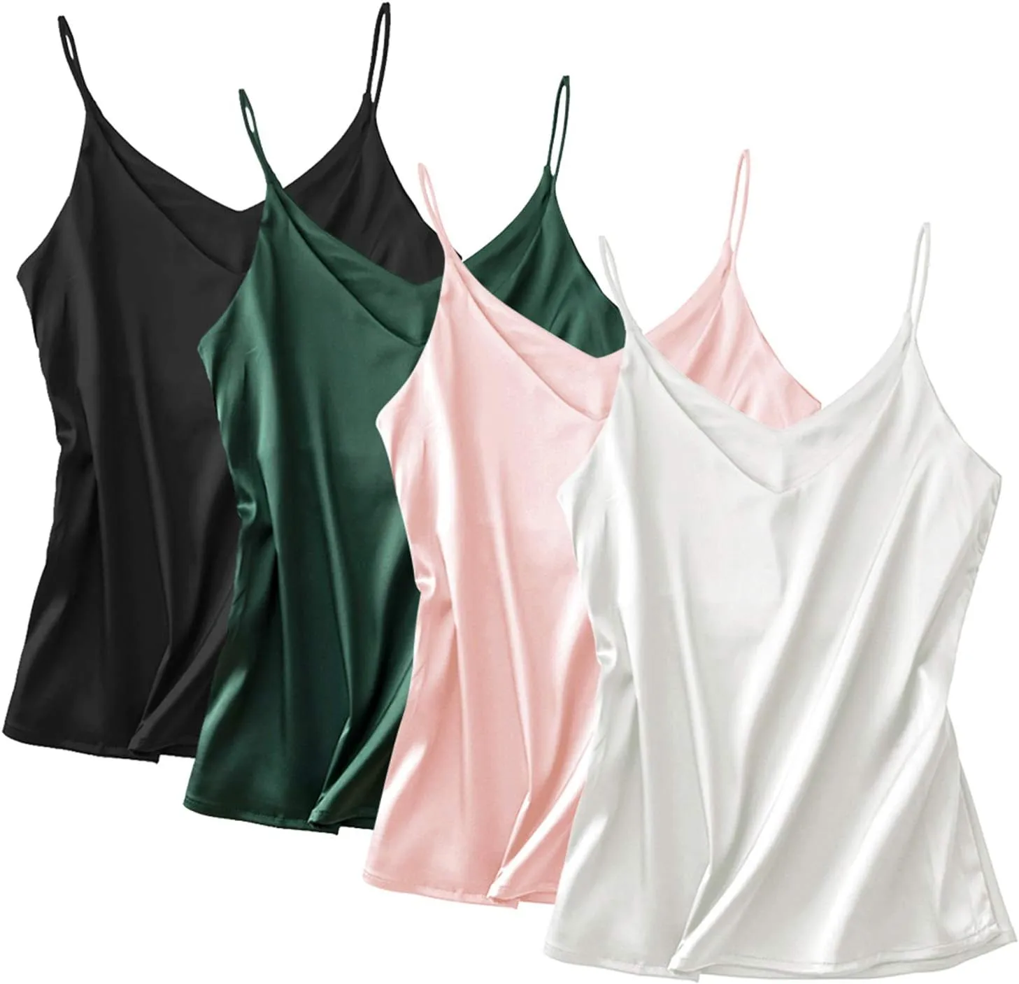 Anbenser Silk Tank Tops for Women Satin Camisoles V Neck Spaghetti Strap Cami Sleeveless Blouses 4 Pack