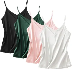 Anbenser Silk Tank Tops for Women Satin Camisoles V Neck Spaghetti Strap Cami Sleeveless Blouses 4 Pack