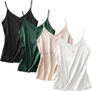 Anbenser Silk Tank Tops for Women Satin Camisoles V Neck Spaghetti Strap Cami Sleeveless Blouses 4 Pack