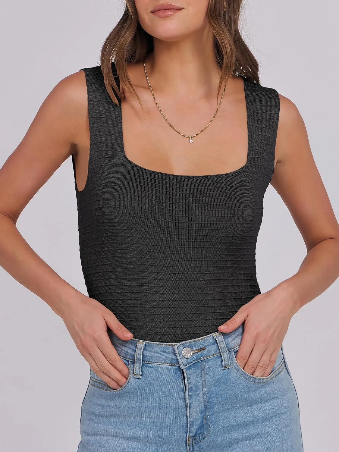ANRABESS Tank Tops for Women 2025 Summer Square Neck Rib Knit Sleeveless Basic Slim Fit Shirts Casual Top Trendy Outfits