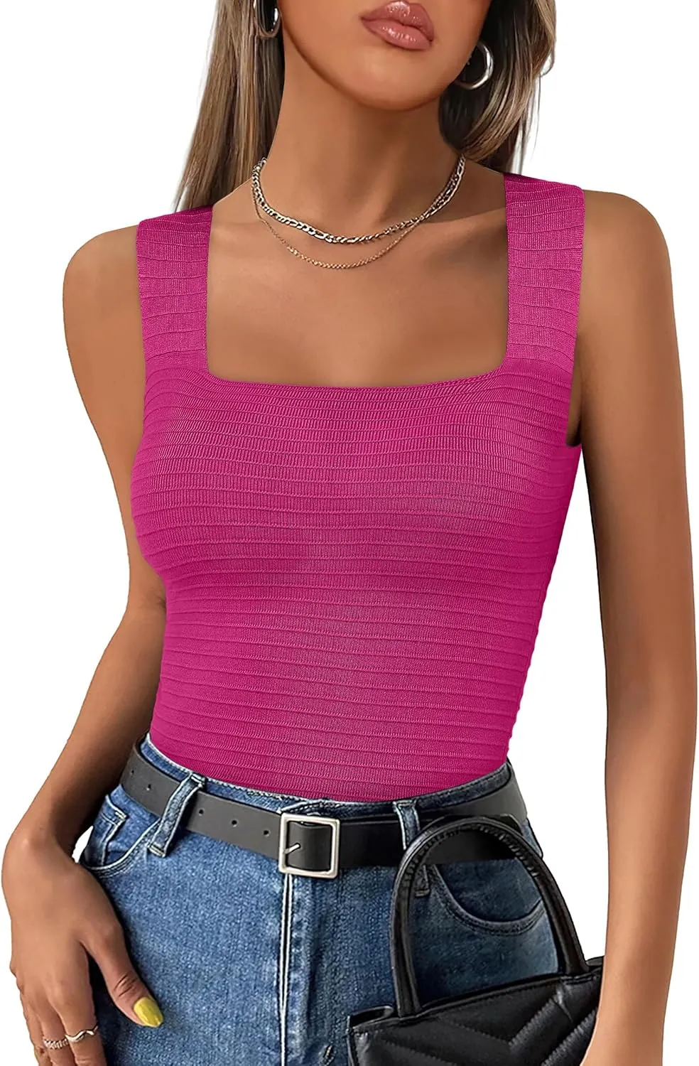 ANRABESS Tank Tops for Women 2025 Summer Square Neck Rib Knit Sleeveless Basic Slim Fit Shirts Casual Top Trendy Outfits