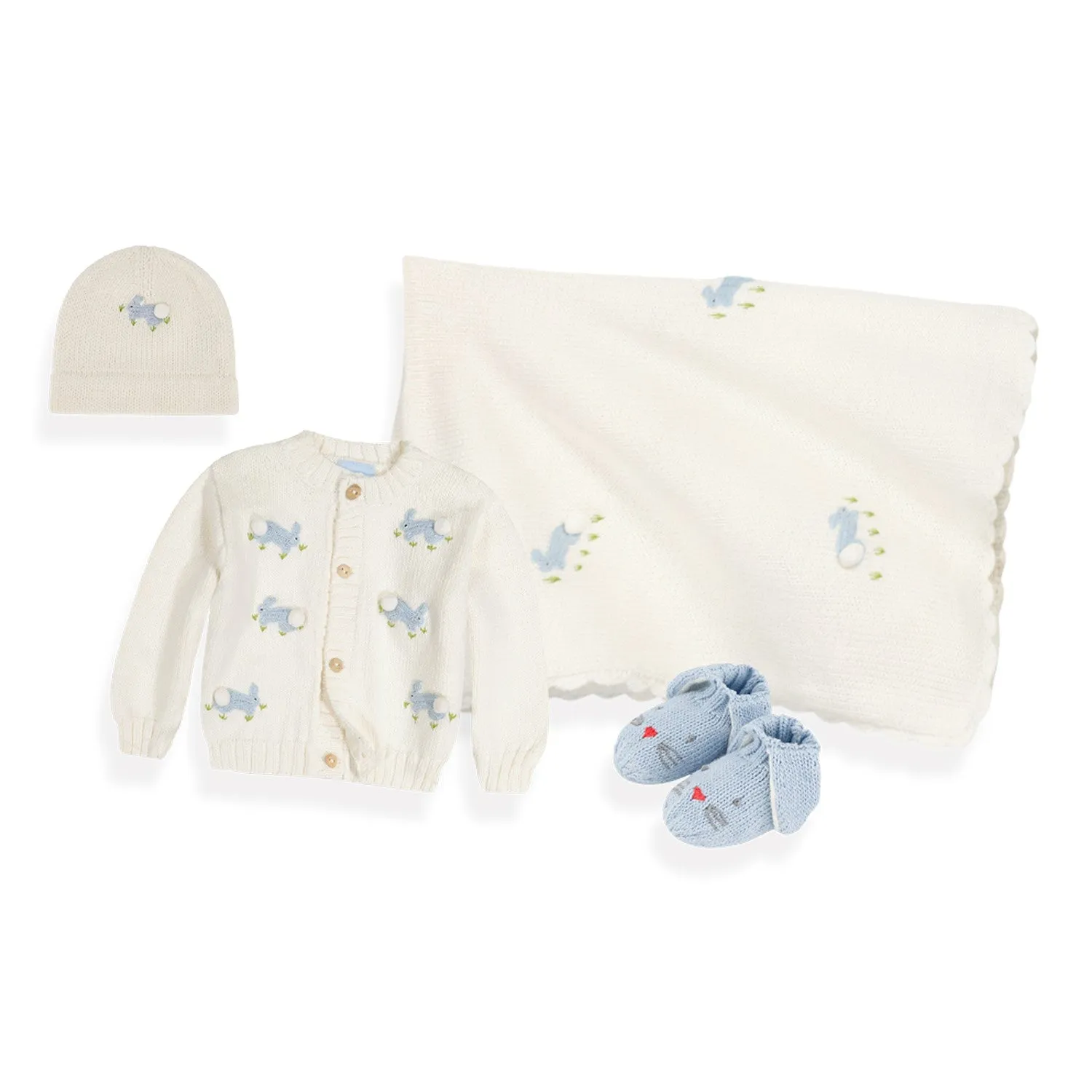 Applique Blanket -- Ivory w/ Sky Blue Bunnies