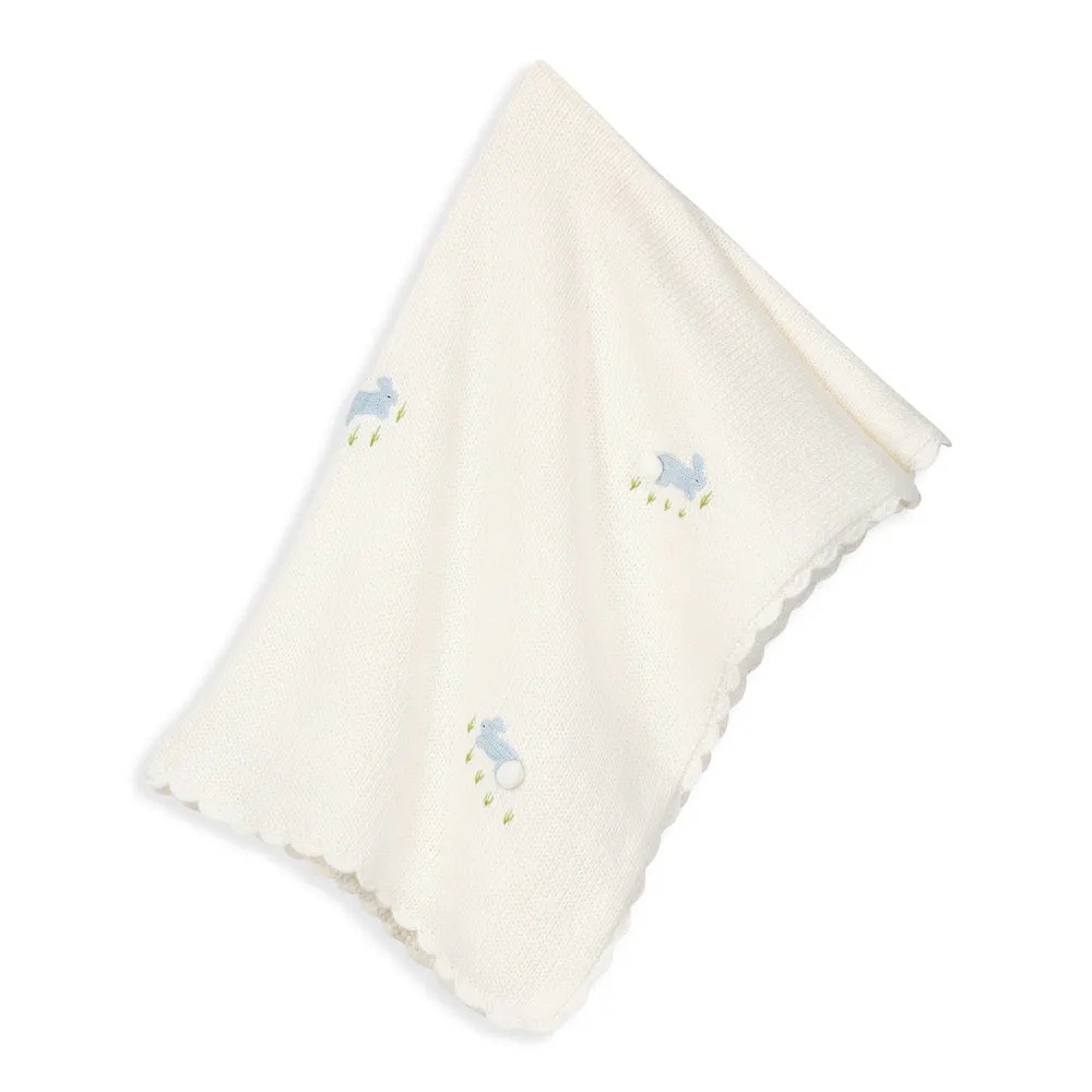 Applique Blanket -- Ivory w/ Sky Blue Bunnies