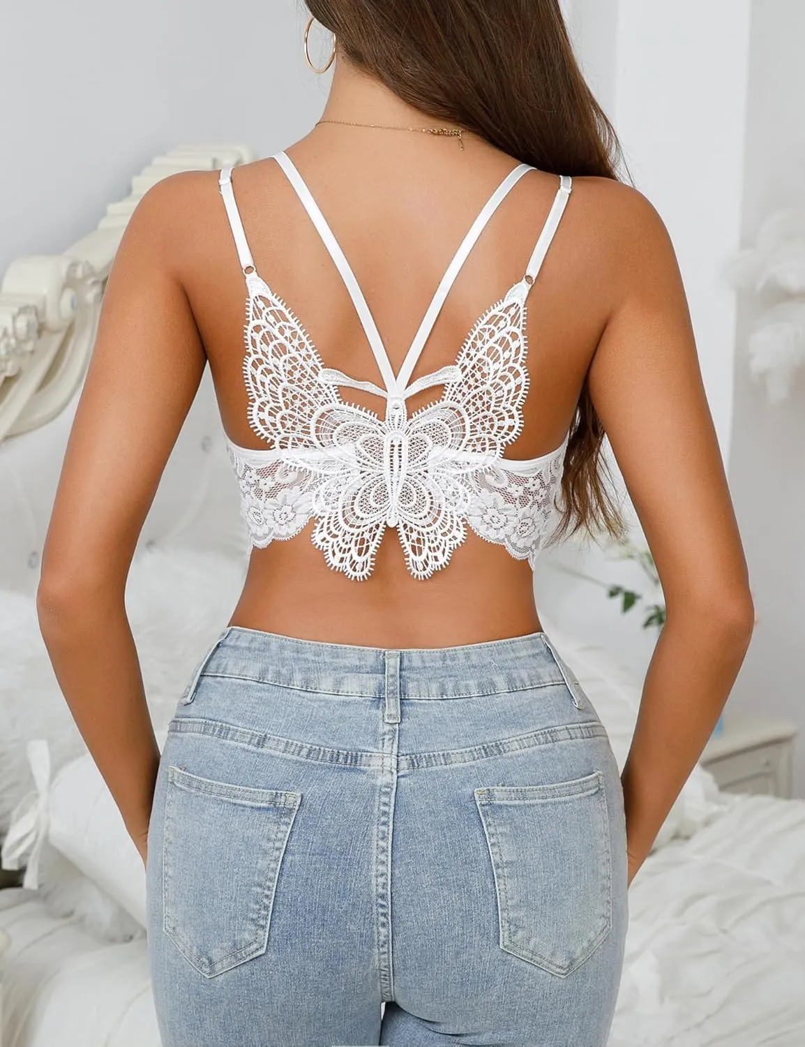 Aranmei Lace Bralette for Women Sexy V Neck Camisoles Adjustable Straps Double Layer Crop Top