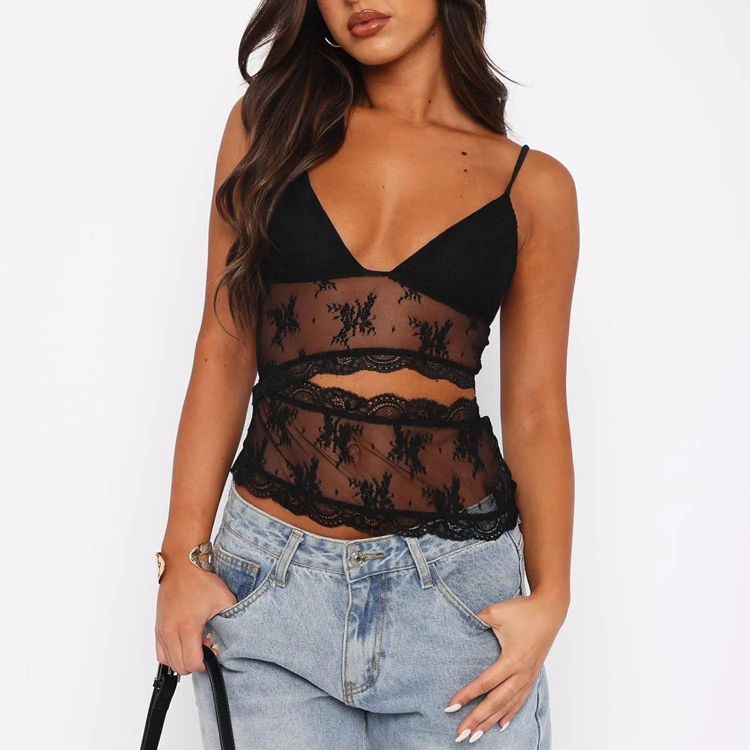 Argeousgor Women Y2k Lace Camisole Crop Tops Sexy Sleeveless V Neck Cami Spaghetti Strap Backless Tank