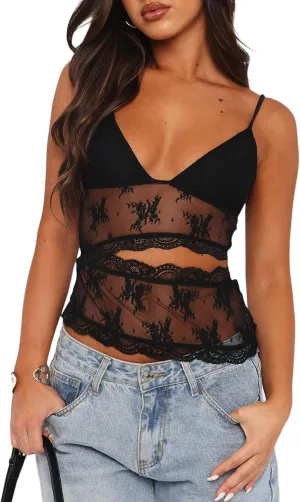 Argeousgor Women Y2k Lace Camisole Crop Tops Sexy Sleeveless V Neck Cami Spaghetti Strap Backless Tank