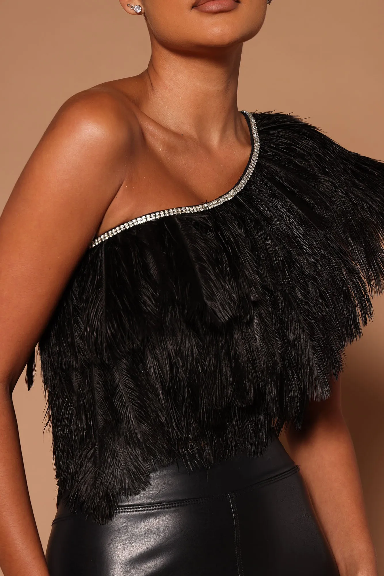 Ariel Feather One Shoulder Top - Black
