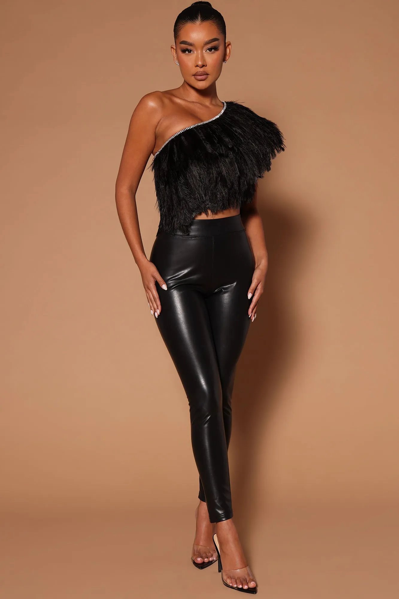 Ariel Feather One Shoulder Top - Black