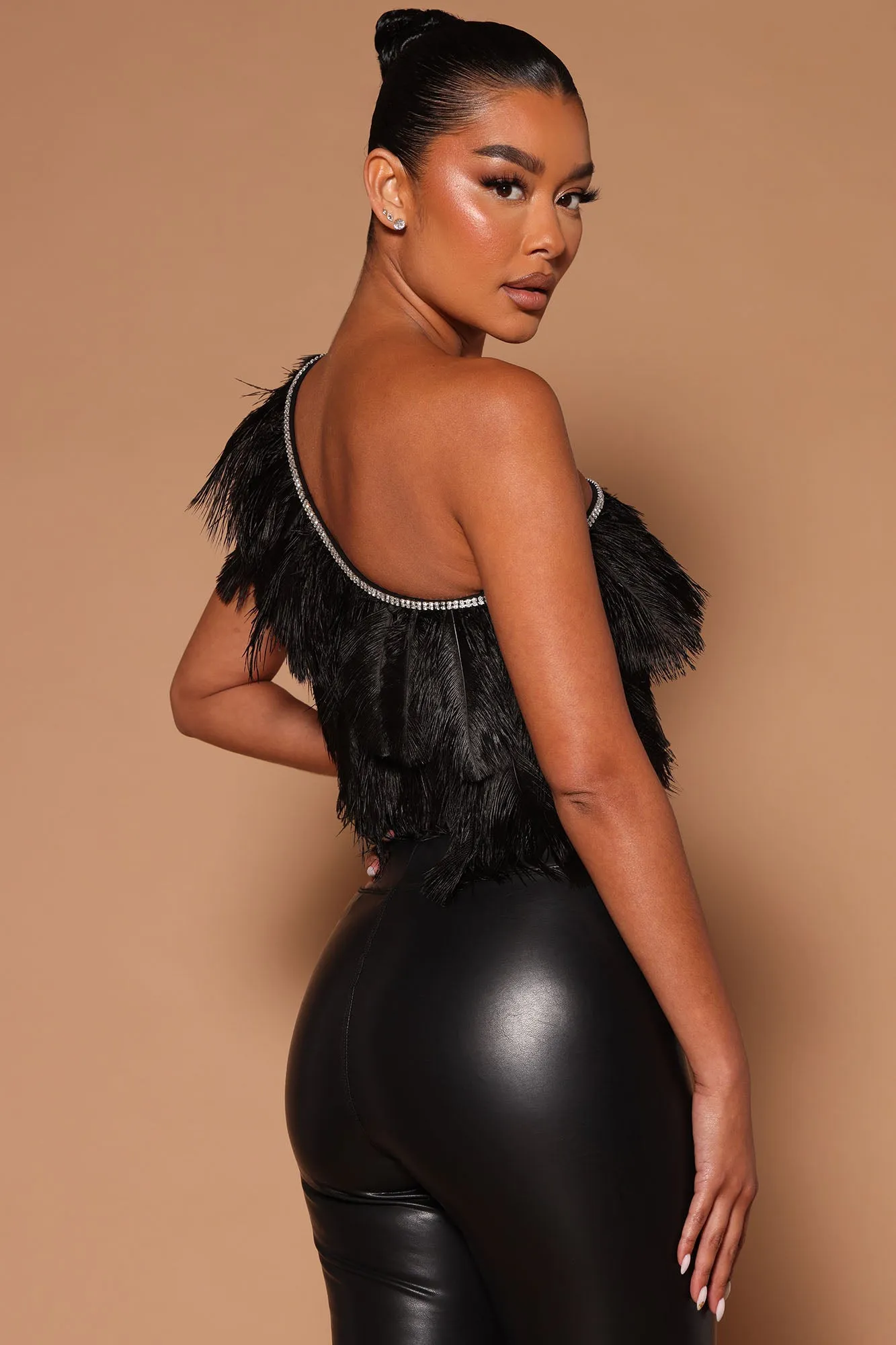 Ariel Feather One Shoulder Top - Black