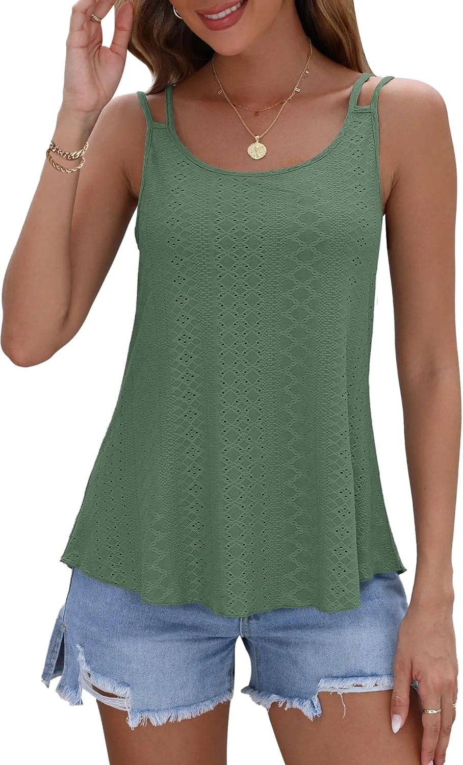 AUSELILY Womens 2025 Trendy Summer Tank Tops Casual Ladies Eyelet Embroidery Loose Fit Sleeveless Scoop Neck Hollow Camisoles