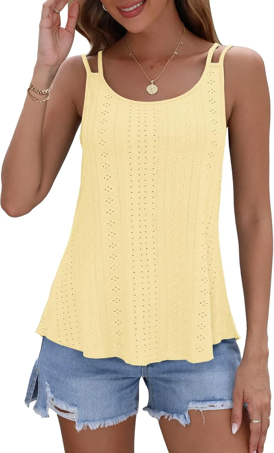 AUSELILY Womens 2025 Trendy Summer Tank Tops Casual Ladies Eyelet Embroidery Loose Fit Sleeveless Scoop Neck Hollow Camisoles