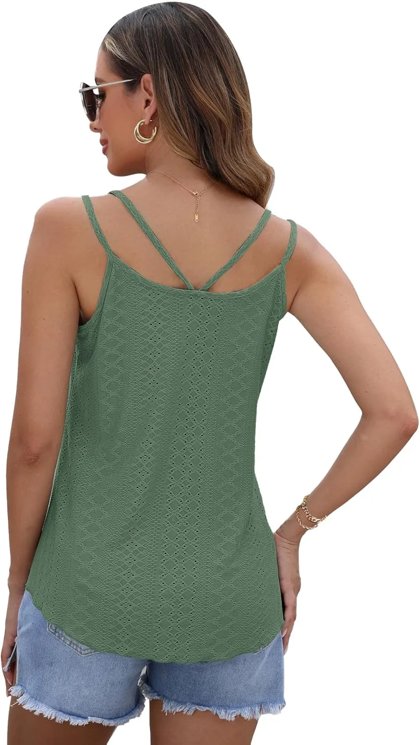 AUSELILY Womens 2025 Trendy Summer Tank Tops Casual Ladies Eyelet Embroidery Loose Fit Sleeveless Scoop Neck Hollow Camisoles