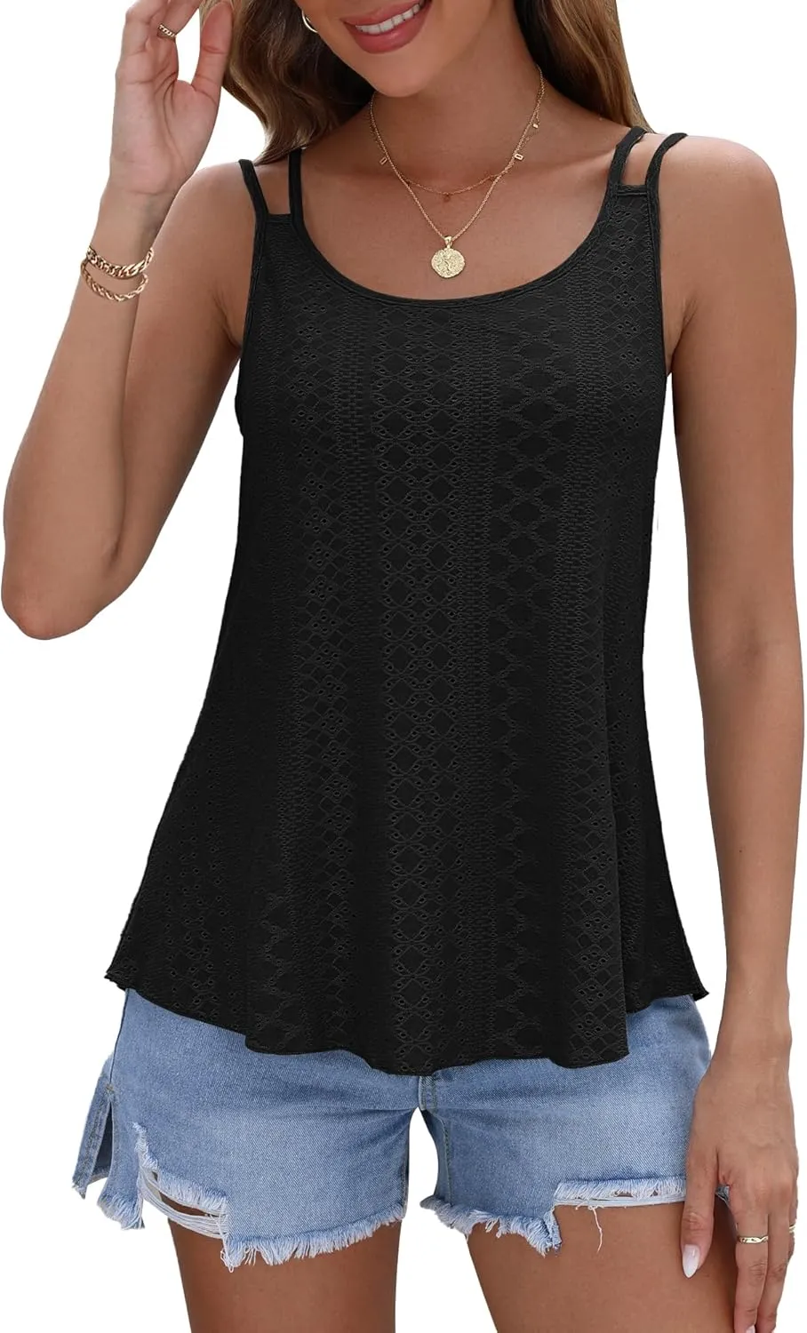 AUSELILY Womens 2025 Trendy Summer Tank Tops Casual Ladies Eyelet Embroidery Loose Fit Sleeveless Scoop Neck Hollow Camisoles