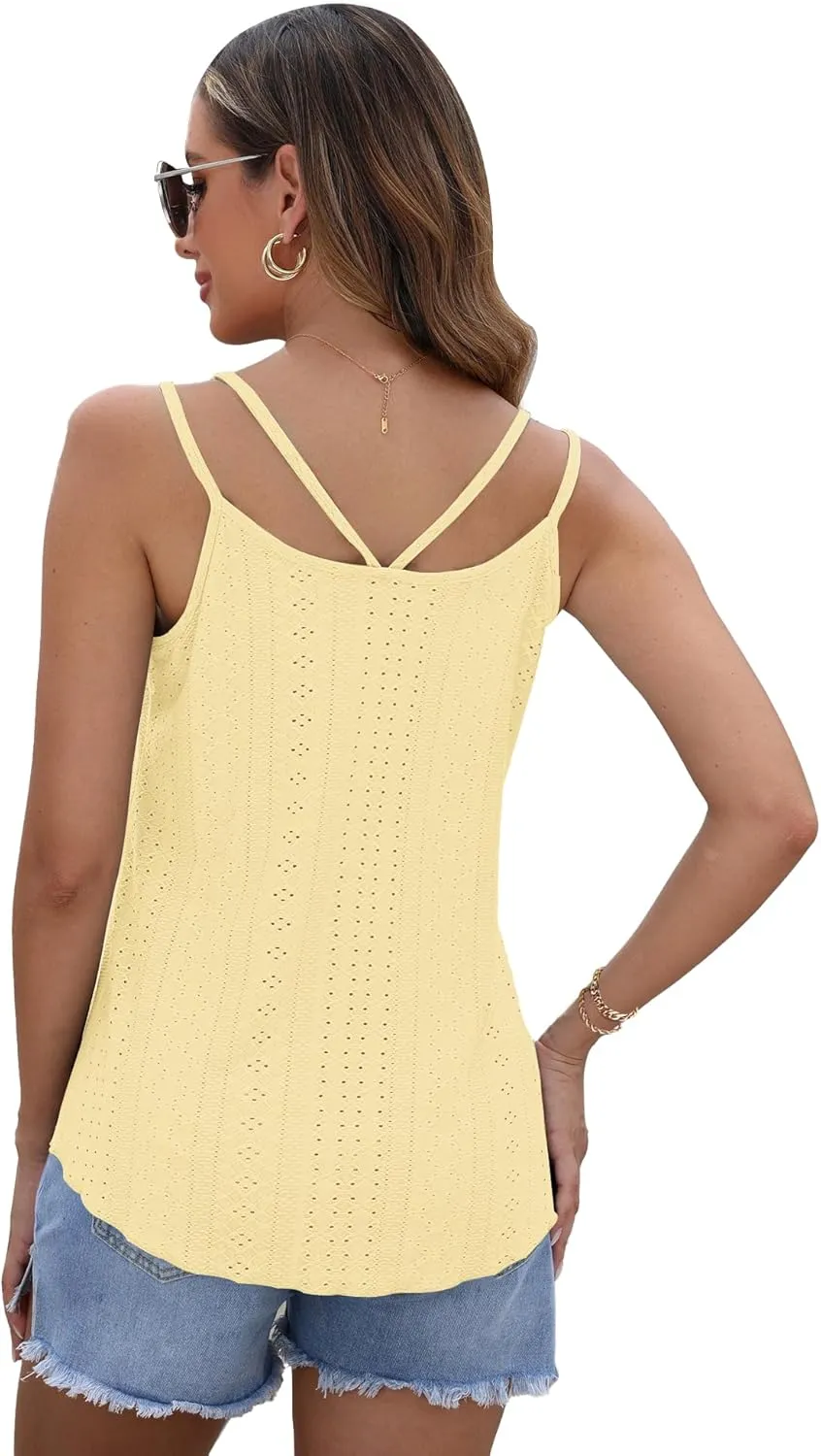 AUSELILY Womens 2025 Trendy Summer Tank Tops Casual Ladies Eyelet Embroidery Loose Fit Sleeveless Scoop Neck Hollow Camisoles