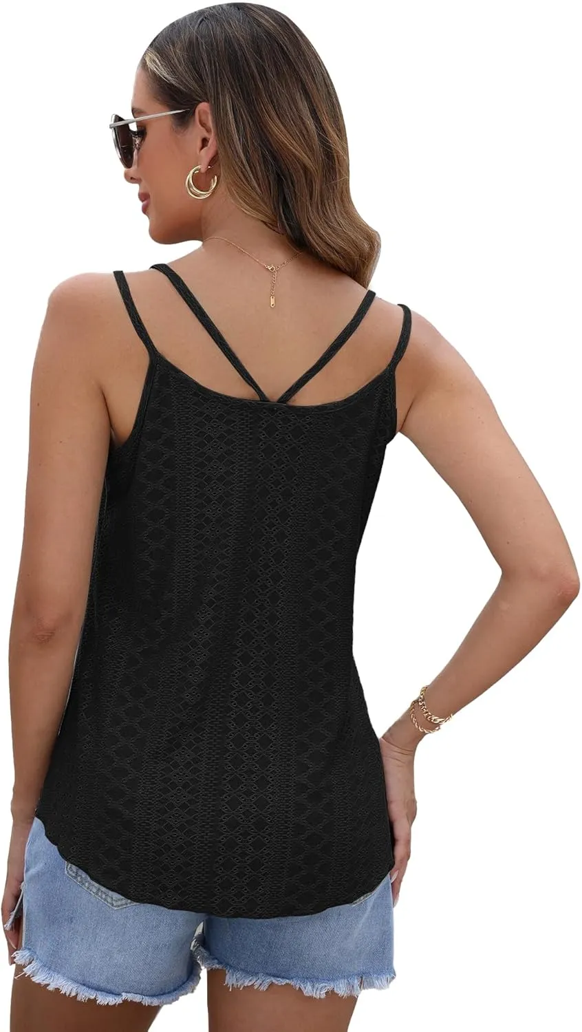 AUSELILY Womens 2025 Trendy Summer Tank Tops Casual Ladies Eyelet Embroidery Loose Fit Sleeveless Scoop Neck Hollow Camisoles