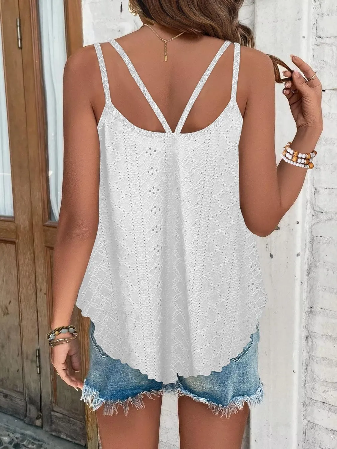 AUSELILY Womens Summer Sleeveless Tank Tops Eyelet Embroidery Zipper V Neck Spaghetti Strap Flowy Camisoles 2024 New