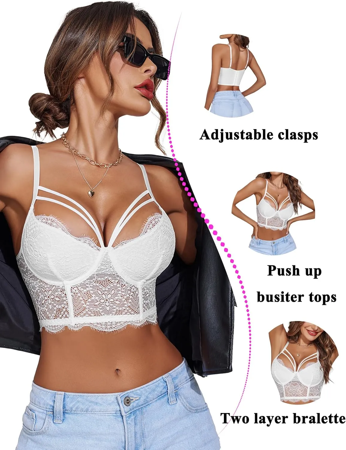Avidlove Lace Bralette for Women V Neck Camisoles Adjustable Strap Two Layer Crop Top Bustier Tops