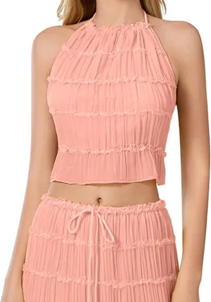 Backless Halter Tops for Women Y2k Tie Back Ruffle Cami Top Sleeveless Smocked Going Out Tank Vest