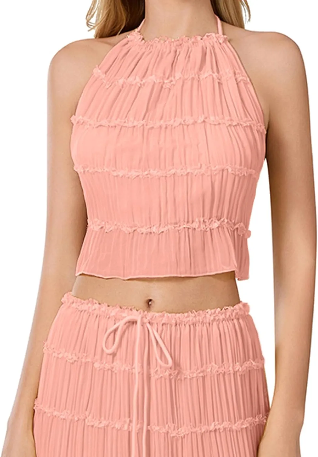 Backless Halter Tops for Women Y2k Tie Back Ruffle Cami Top Sleeveless Smocked Going Out Tank Vest