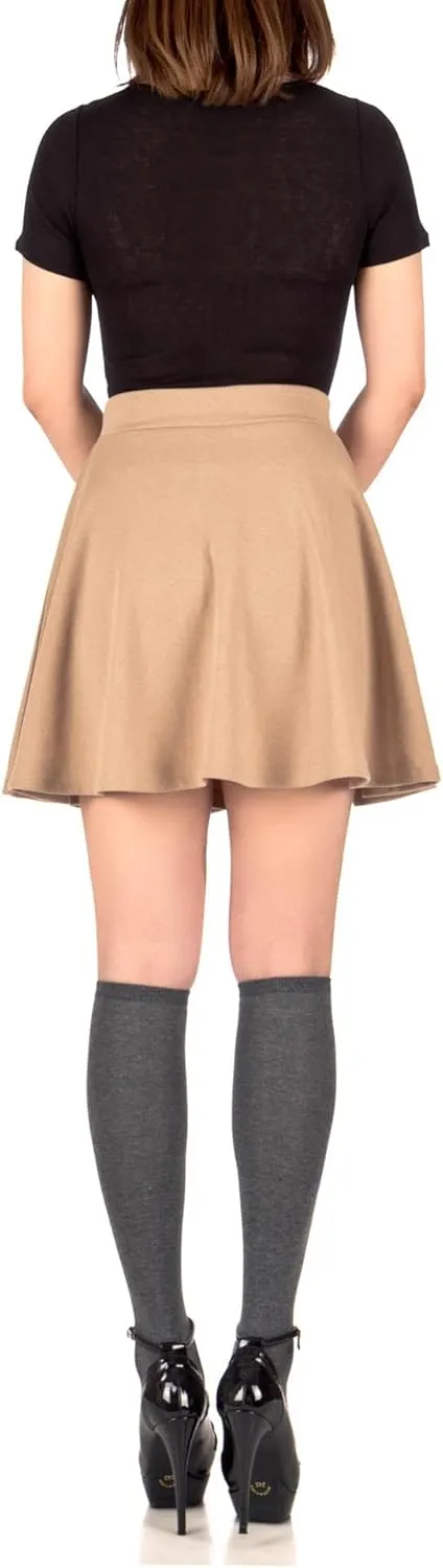Basic Solid Stretchy Cotton High Waist A-line Flared Casual Skater Mini Skirt