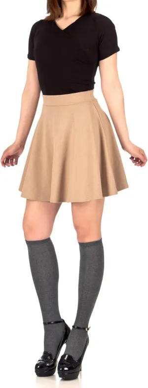 Basic Solid Stretchy Cotton High Waist A-line Flared Casual Skater Mini Skirt