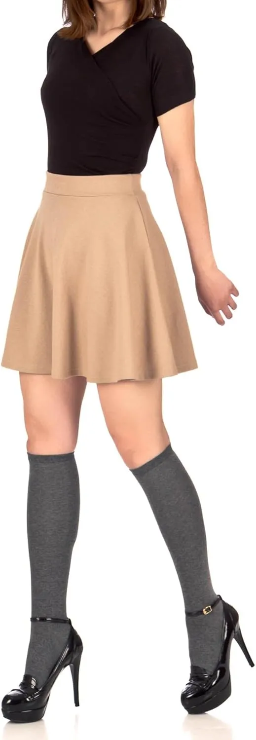 Basic Solid Stretchy Cotton High Waist A-line Flared Casual Skater Mini Skirt
