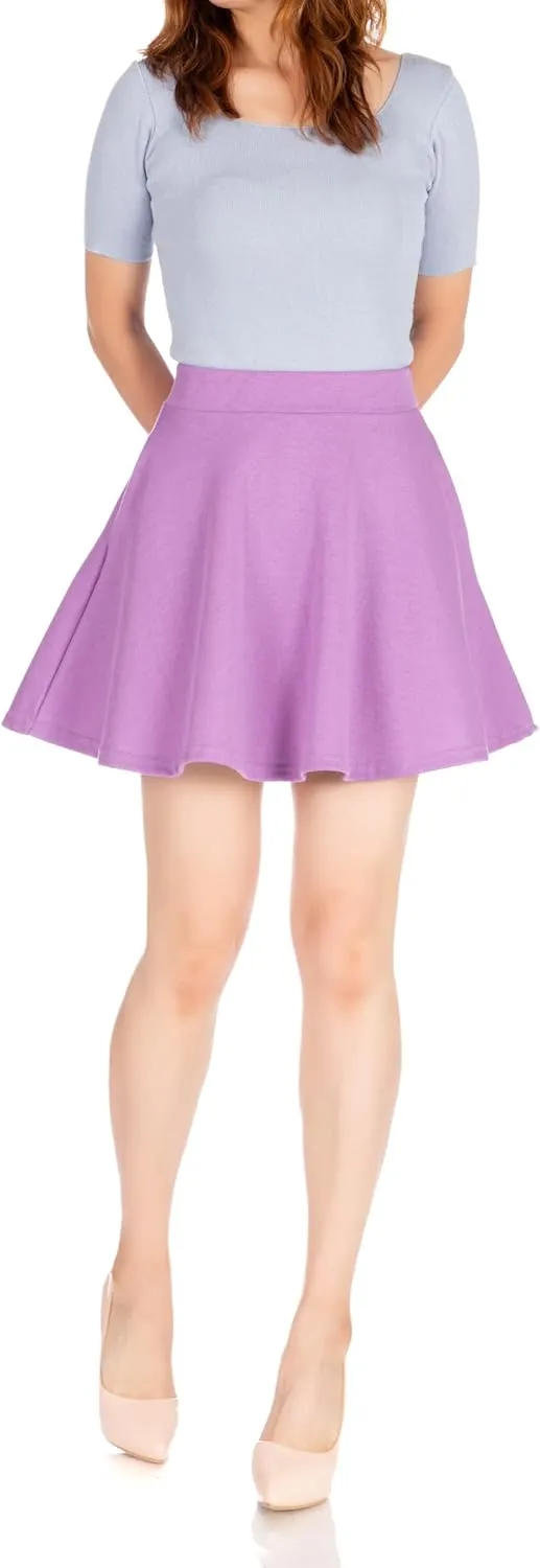 Basic Solid Stretchy Cotton High Waist A-line Flared Casual Skater Mini Skirt