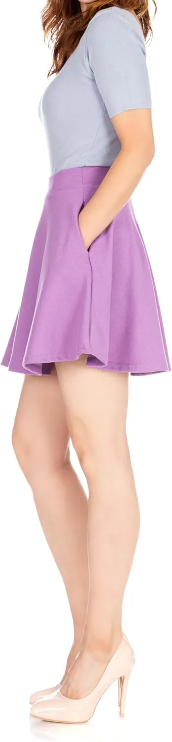 Basic Solid Stretchy Cotton High Waist A-line Flared Casual Skater Mini Skirt