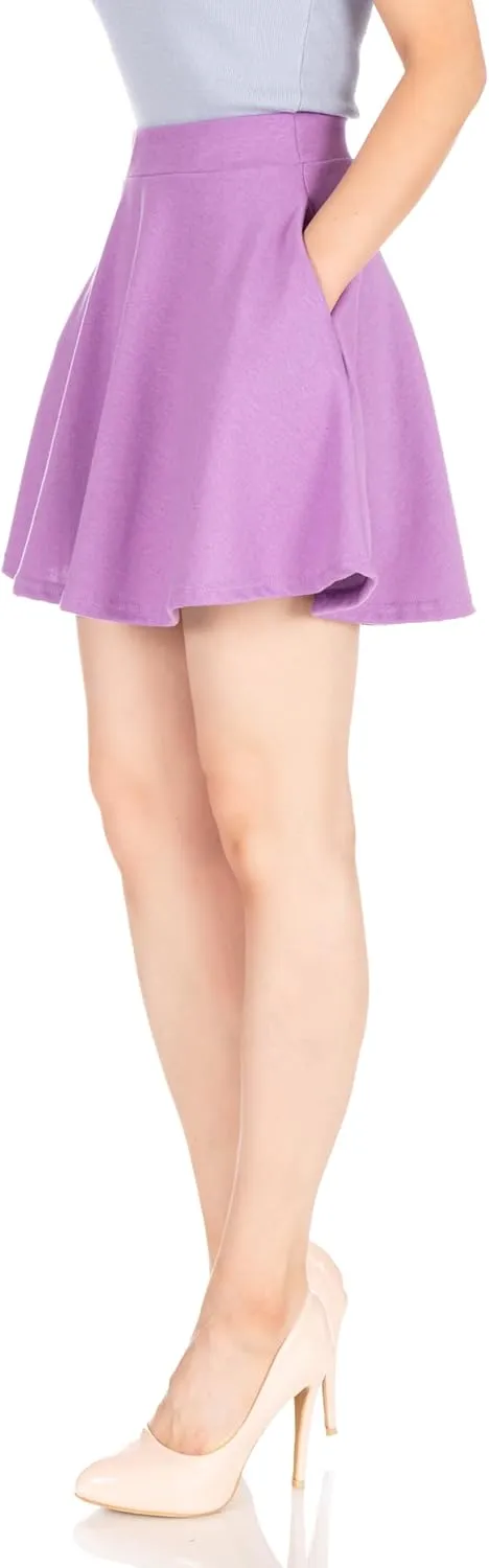 Basic Solid Stretchy Cotton High Waist A-line Flared Casual Skater Mini Skirt