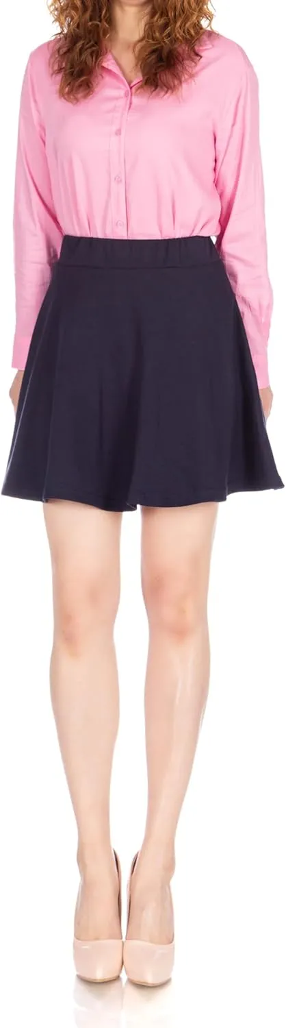 Basic Solid Stretchy Cotton High Waist A-line Flared Casual Skater Mini Skirt