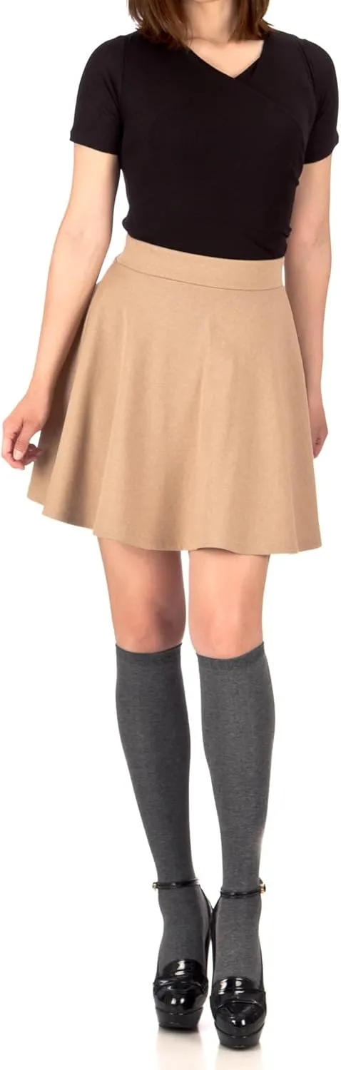 Basic Solid Stretchy Cotton High Waist A-line Flared Casual Skater Mini Skirt