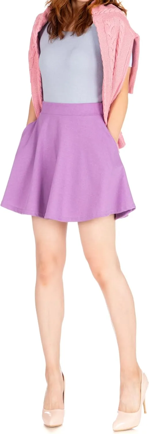 Basic Solid Stretchy Cotton High Waist A-line Flared Casual Skater Mini Skirt