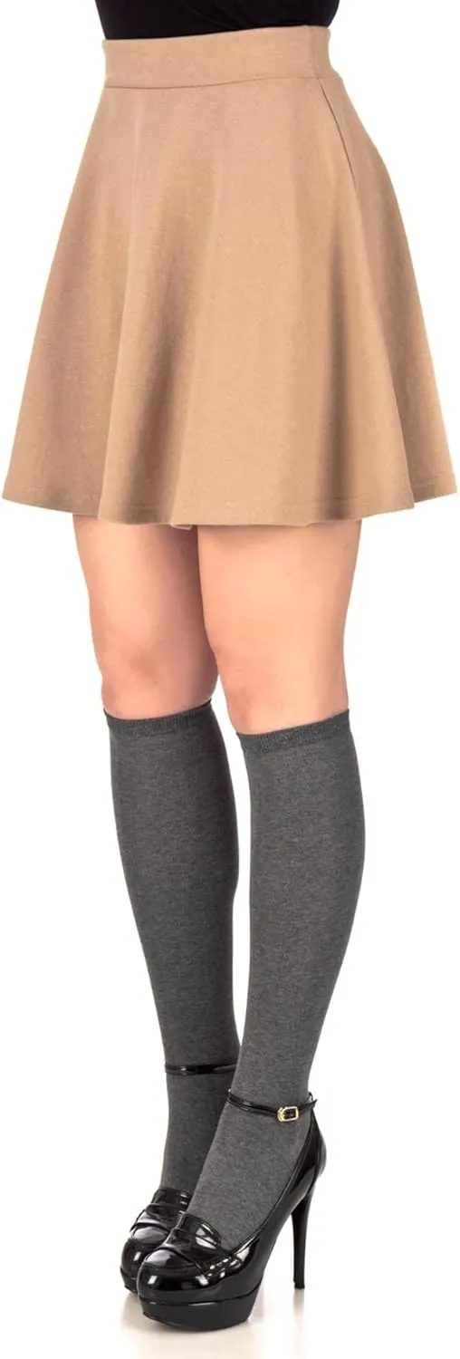 Basic Solid Stretchy Cotton High Waist A-line Flared Casual Skater Mini Skirt
