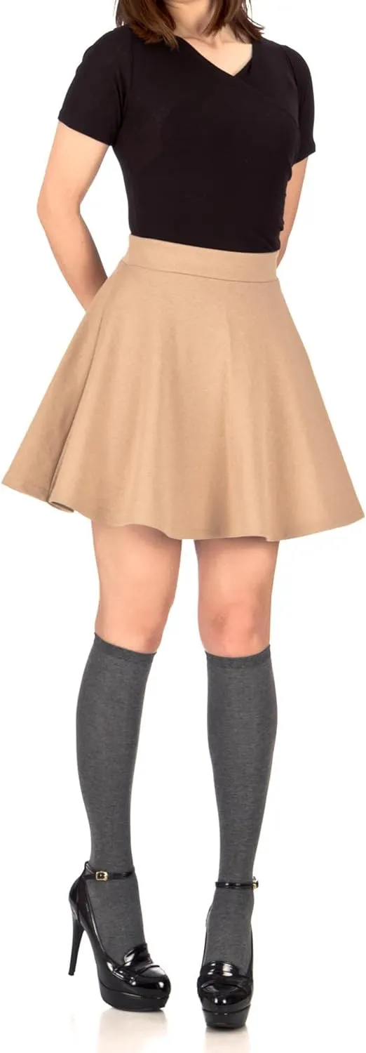 Basic Solid Stretchy Cotton High Waist A-line Flared Casual Skater Mini Skirt