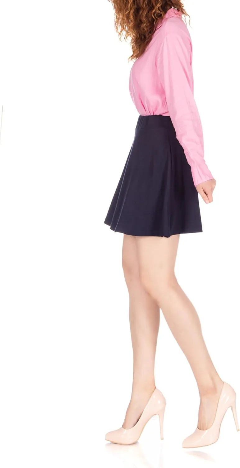 Basic Solid Stretchy Cotton High Waist A-line Flared Casual Skater Mini Skirt